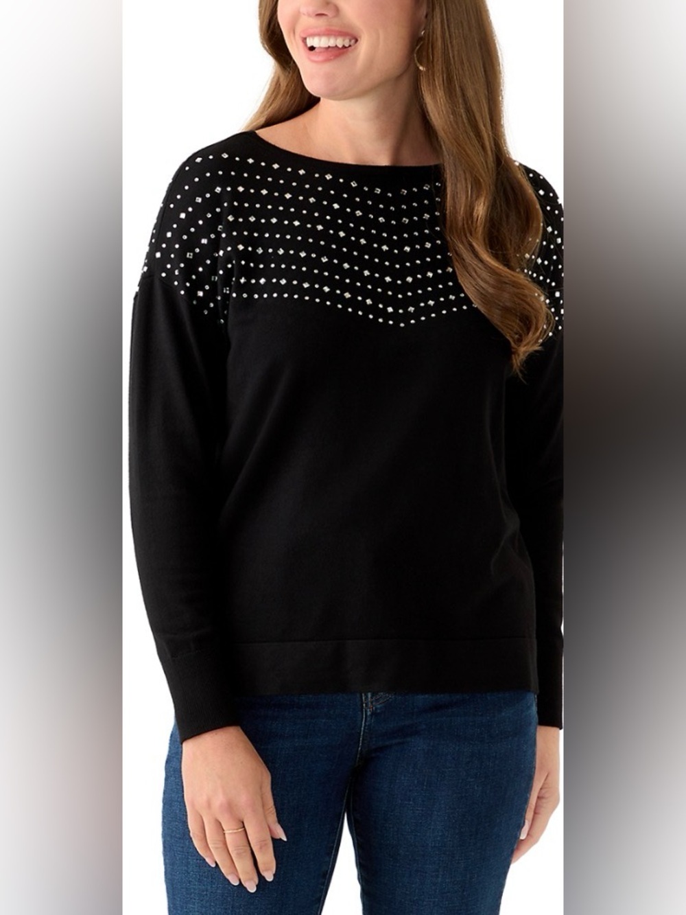 Petite Long Sleeve Boat Neck Rhinestone Sweater